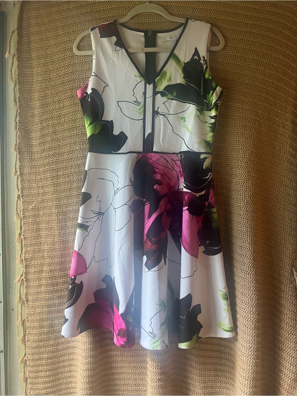 Floral V-Neck Midi Dress in White with Pink & Green Accents